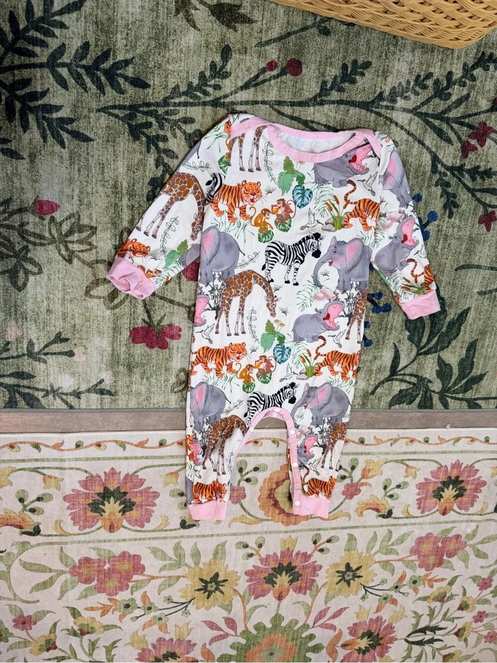 Pink-Trim Safari Animal Print Footie Pajamas for Kids